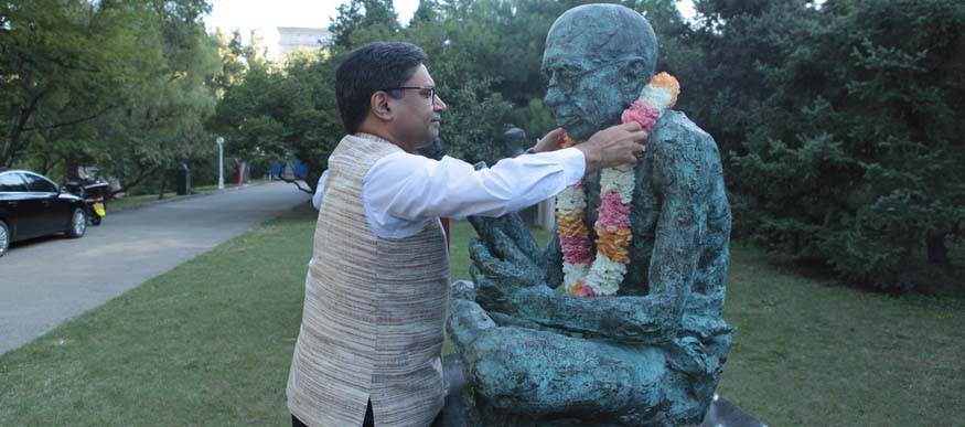  Ambassador Garlanding Gandhi Bust at Jintai Park, October 02, 2020